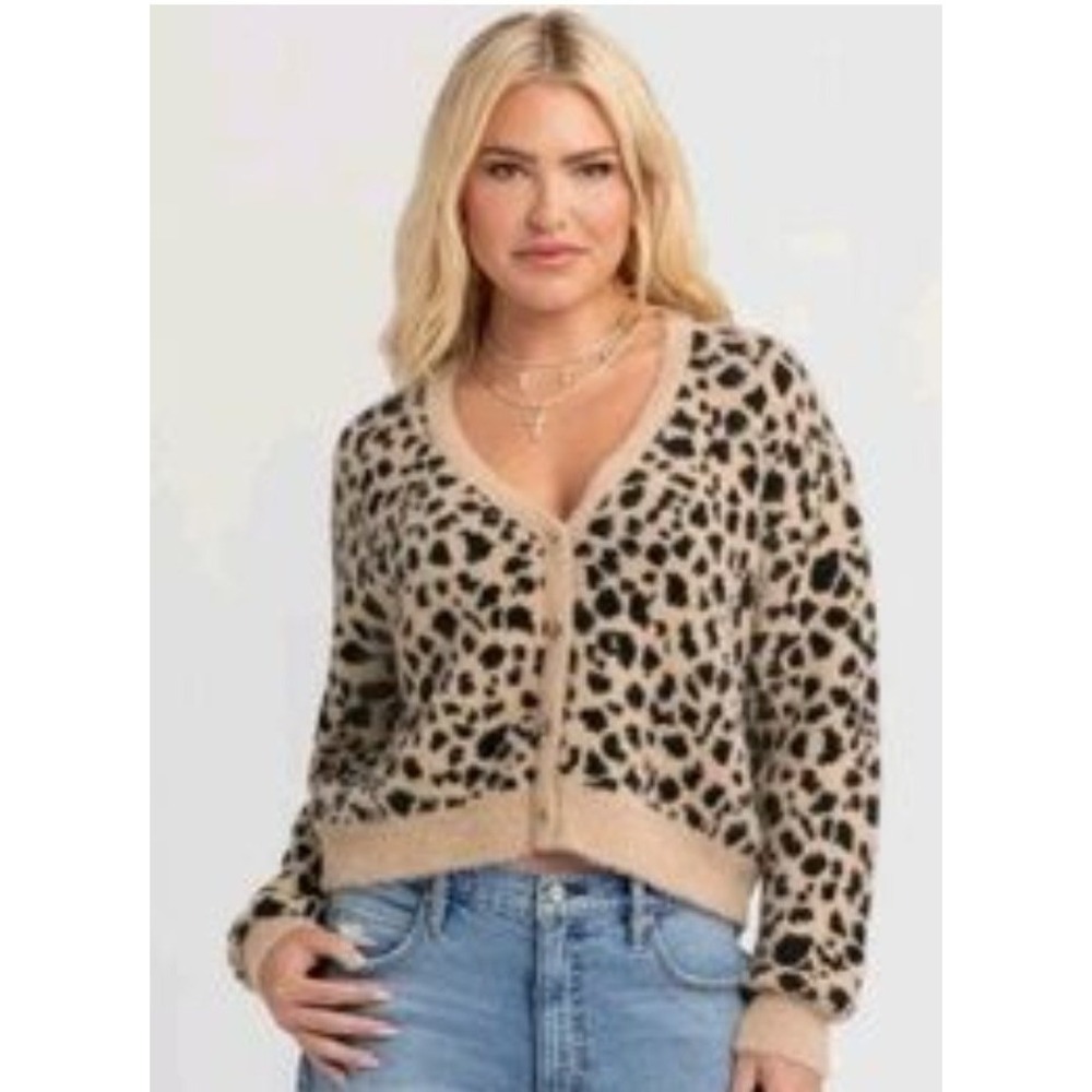 Jessica Simpson Leopard Print Cardigan Womens XS Tan Black NEW Eyelash Knit‎